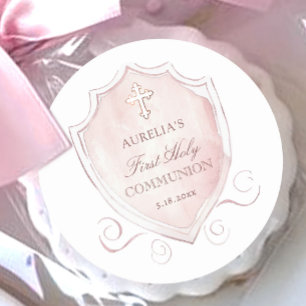 Elegante Roze Waterverf Crest Eerste Communie Ronde Sticker