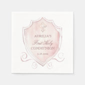 Elegante Roze Waterverf Crest Eerste Communie Servet (Voorkant)