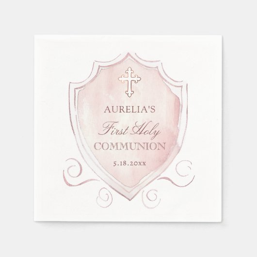 Elegante Roze Waterverf Crest Eerste Communie Servet (Voorkant)