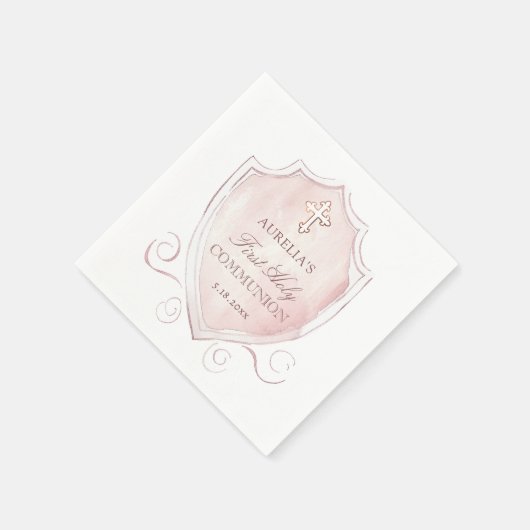 Elegante Roze Waterverf Crest Eerste Communie Servet (Hoek)