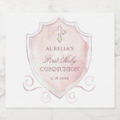 Elegante Roze Waterverf Crest Eerste Communie Sparkling Wijnetiket (Enkel label)