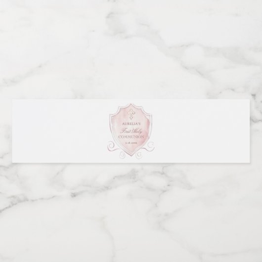 Elegante Roze Waterverf Crest Eerste Communie Waterfles Etiket (Enkel label)