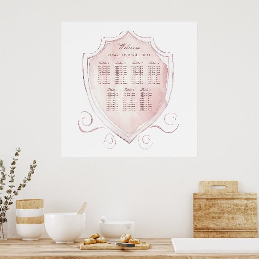 Elegante Roze Waterverf Crest Zitplaatskaart Poster (Keuken)