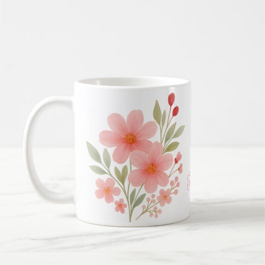Elegante Roze Waterverf Floral Custom Monogrammed Koffiemok (Links)