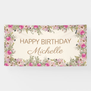 Elegante roze Waterverf Floral Happy Birthday Spandoek