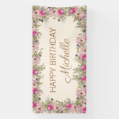 Elegante roze Waterverf Floral Happy Birthday Spandoek (Verticaal)