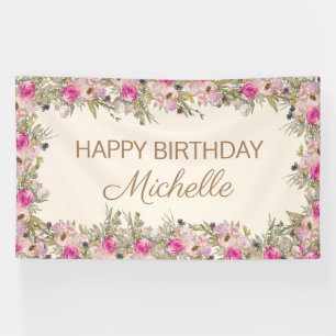 Elegante roze Waterverf Floral Happy Birthday Spandoek