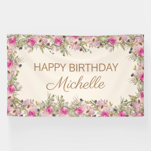 Elegante roze Waterverf Floral Happy Birthday Spandoek (Horizontaal)