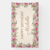 Elegante roze Waterverf Floral Happy Birthday Spandoek (Verticaal)