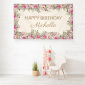 Elegante roze Waterverf Floral Happy Birthday Spandoek (Insitu)