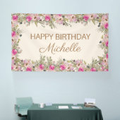 Elegante roze Waterverf Floral Happy Birthday Spandoek (Beurs)