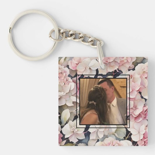 Elegante roze waterverf floral personaliseer foto sleutelhanger (Voorkant)