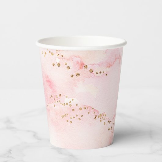 Elegante Roze Waterverf Goud Glitter Feestje Papieren Bekers (Achterkant)
