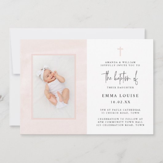 Elegante Roze Waterverf Minimalistische Foto Doop Kaart (Voorkant)