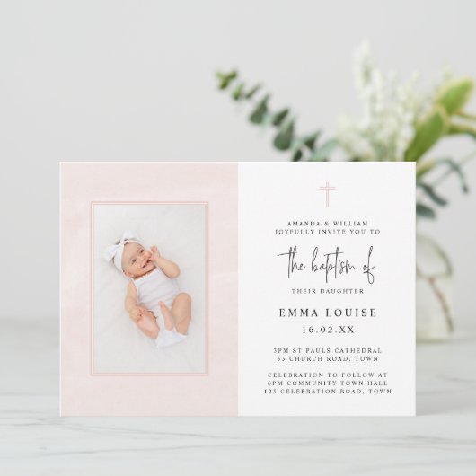 Elegante Roze Waterverf Minimalistische Foto Doop Kaart (Staand voorkant)