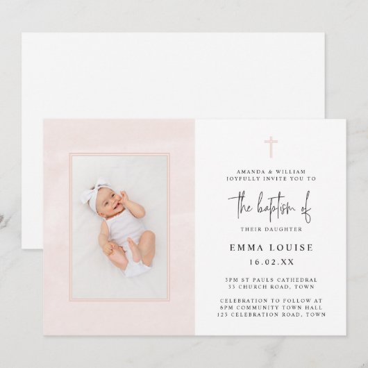 Elegante Roze Waterverf Minimalistische Foto Doop Kaart (Voorkant / Achterkant)