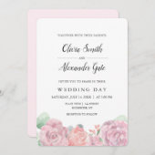 Elegante roze waterverf rozen bruiloft kaart (Voorkant / Achterkant)