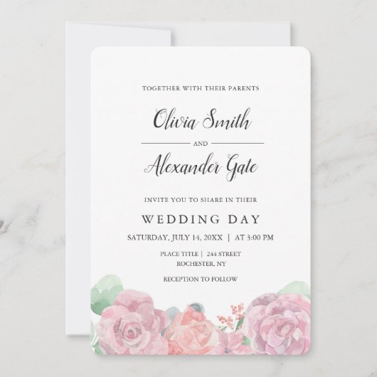 Elegante roze waterverf rozen bruiloft kaart (Voorkant)