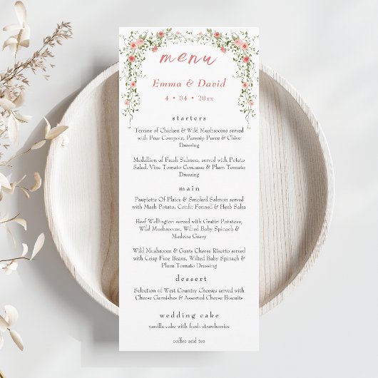 Elegante roze waterverf rozen Script Wedding Menu