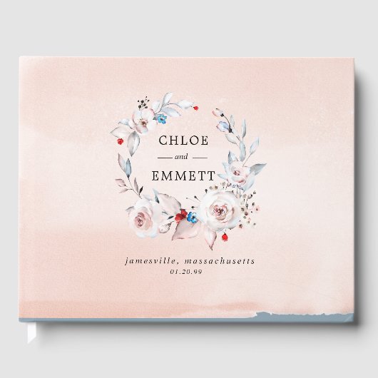 Elegante roze Waterverf rustieke bloemenkrans Gastenboek (Voorkant)