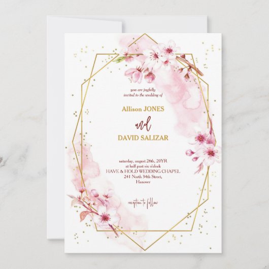 Elegante Roze Waterverf Sakura Bloemen Huwelijk Kaart (Voorkant)