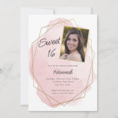 Elegante Roze Waterverf Sweet 16 Foto Verjaardag Kaart (Voorkant)