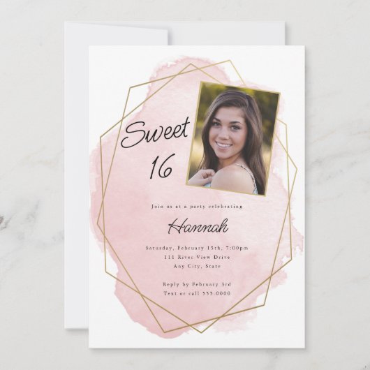 Elegante Roze Waterverf Sweet 16 Foto Verjaardag Kaart (Voorkant)