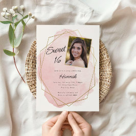 Elegante Roze Waterverf Sweet 16 Foto Verjaardag Kaart