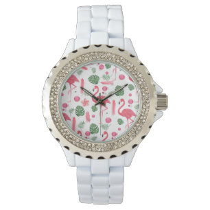 Elegante roze waterverf tropische flamingo floral horloge