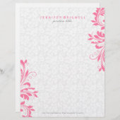 Elegante roze wervelingen op witte damast persoonlijk briefhoofd (Voorkant / Achterkant)