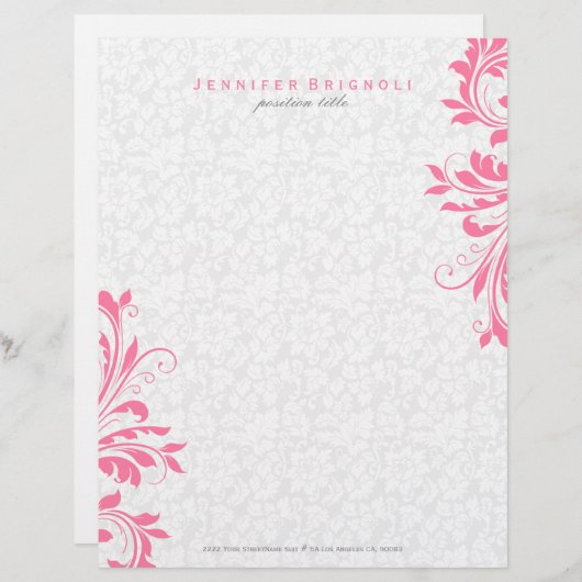 Elegante roze wervelingen op witte damast persoonlijk briefhoofd (Voorkant / Achterkant)