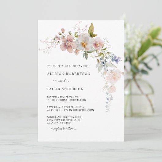 Elegante Roze Wildbloem Bloemige Trouw Kaart (Staand voorkant)