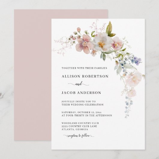 Elegante Roze Wildbloem Bloemige Trouw Kaart (Voorkant / Achterkant)