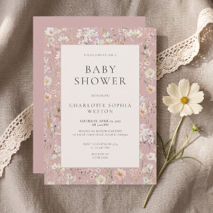 Elegante Roze Wildbloem QR Code Baby Shower Uitnod Kaart