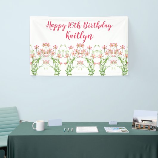Elegante Roze Wildbloemen 16e verjaardag Persoonli Spandoek (Beurs)