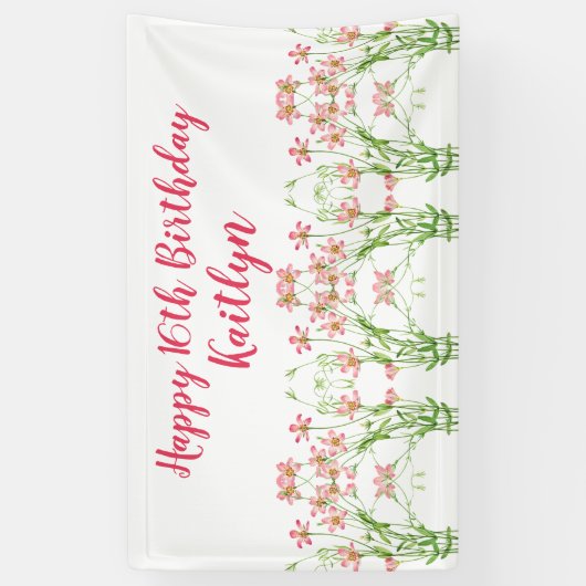 Elegante Roze Wildbloemen 16e verjaardag Persoonli Spandoek (Verticaal)