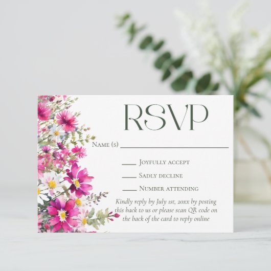 Elegante Roze Wildbloemen Bloemen Bloemen Bruiloft RSVP Kaartje (Staand voorkant)