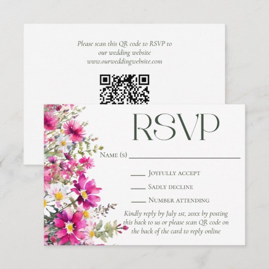 Elegante Roze Wildbloemen Bloemen Bloemen Bruiloft RSVP Kaartje (Voorkant / Achterkant)