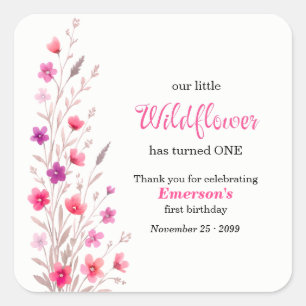 Elegante Roze Wilde Bloem 1e Verjaardagsfeestje Vierkante Sticker