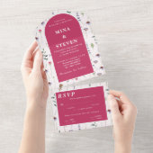 Elegante roze wilde bloemen bruiloft all in one uitnodiging (Afscheurbaar)