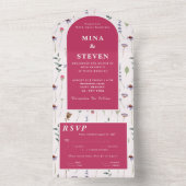 Elegante roze wilde bloemen bruiloft all in one uitnodiging (Binnen)