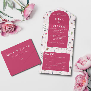 Elegante roze wilde bloemen bruiloft all in one uitnodiging