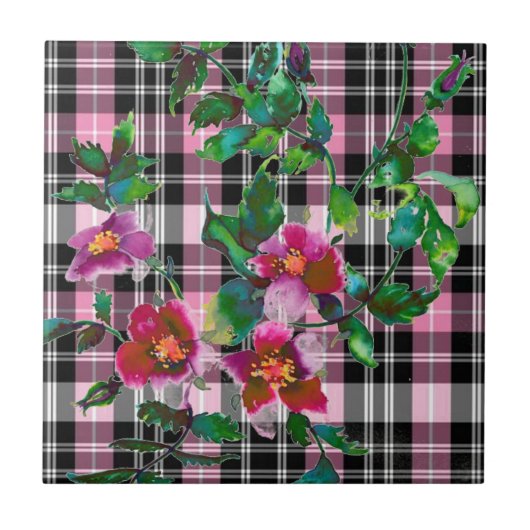 Elegante roze wilde bloemen roze zwarte plaid tegeltje (Voorkant)
