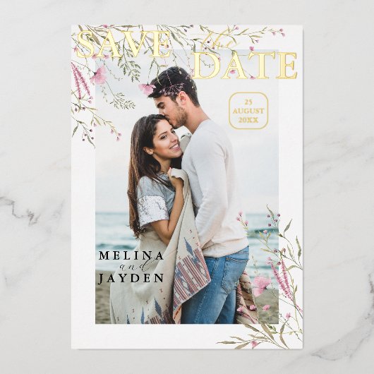 Elegante Roze Wilde Bloemen Trouw Save The Date Folie Uitnodiging (Voorkant)