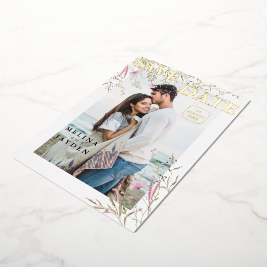 Elegante Roze Wilde Bloemen Trouw Save The Date Folie Uitnodiging (Gedraaid)