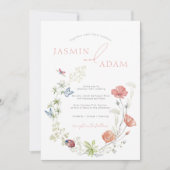 Elegante roze wilde bloemen & vlinders bruiloft kaart (Voorkant)