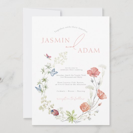 Elegante roze wilde bloemen & vlinders bruiloft kaart (Voorkant)