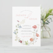 Elegante roze wilde bloemen & vlinders bruiloft kaart (Staand voorkant)