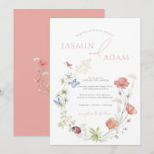 Elegante roze wilde bloemen & vlinders bruiloft kaart (Voorkant / Achterkant)