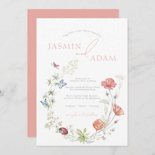 Elegante roze wilde bloemen & vlinders bruiloft kaart (Voorkant / Achterkant)